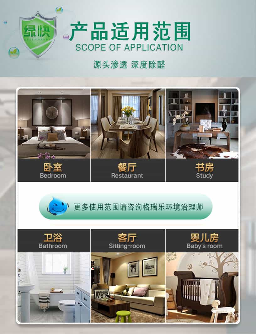 產(chǎn)品適用范圍，SCOPE OF APPLICATION,源頭滲透，深度除醛，臥室，Bedroom,餐廳，Restarant,書房，Study，衛(wèi)浴，Bathroom,客廳，Siting-room,嬰兒房，Baby' room,更多使用范圍請咨詢格瑞樂環(huán)境治理師