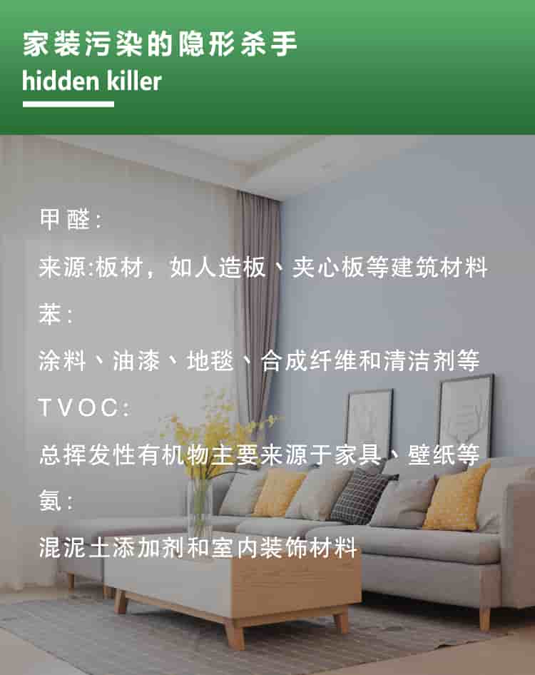 家裝隱形殺手，hidden killer，甲醛來源板材，如人造板材丶夾心板等建筑材料，苯涂料丶油漆丶地毯丶合成纖維和清潔劑等，TVOC總揮發(fā)性有機(jī)物主要來源于家具壁紙等，氨混泥土添加劑和室內(nèi)裝飾材料