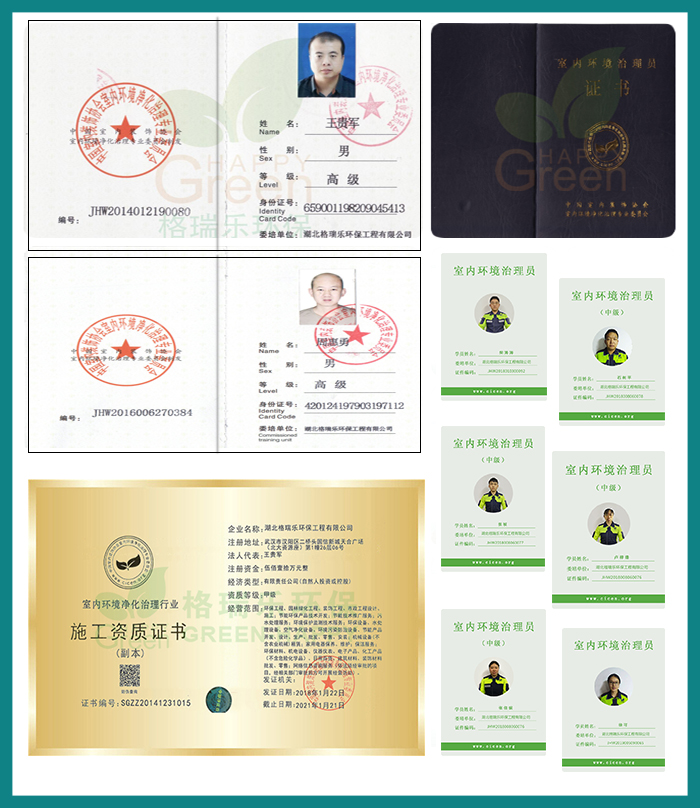 1、全國(guó)首創(chuàng)“家庭環(huán)保服務(wù)顧問(wèn)”式服務(wù)  2、全國(guó)室內(nèi)環(huán)境凈化治理行業(yè)“甲級(jí)”施工資質(zhì)證書  3、中國(guó)室內(nèi)環(huán)境凈化治理行業(yè)“甲級(jí)”能力等級(jí)證書  4、中國(guó)室內(nèi)環(huán)境凈化專業(yè)委員會(huì)副主任會(huì)員單位；  5、中國(guó)室內(nèi)凈化委湖北省技術(shù)服務(wù)指導(dǎo)中心及委托施工單位；  6、凈化治理服務(wù)施工專業(yè)組副組長(zhǎng)單位；  7、施工技師經(jīng)過(guò)嚴(yán)格培訓(xùn)、持證上崗《室內(nèi)環(huán)境治理員》。
