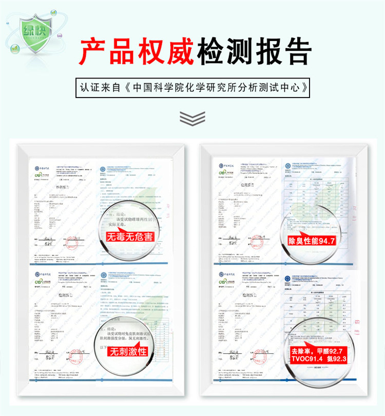 產(chǎn)品權(quán)威檢測報(bào)告 認(rèn)證來自《中國科學(xué)院化學(xué)研究所測試中心》無毒無危害 除臭性能94.7 無刺激性 甲醛去除率92.7 TVOC91.4 氨92.3