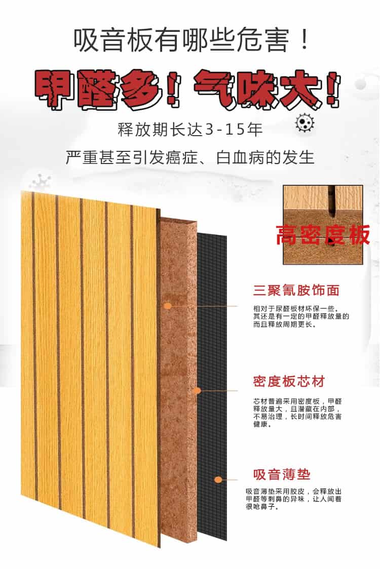 吸音板有哪些危害，甲醛多，氣味大，釋放期長(zhǎng)達(dá)15年，嚴(yán)重甚至引發(fā)癌癥，白血病的發(fā)生