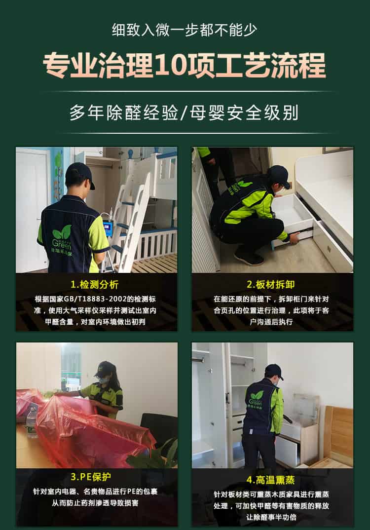 細致入微一步都不能少，專業(yè)治理10項工藝流程，多年除醛經(jīng)驗，母嬰安全級別，檢測分析，板材拆卸，PE保護，高溫熏蒸