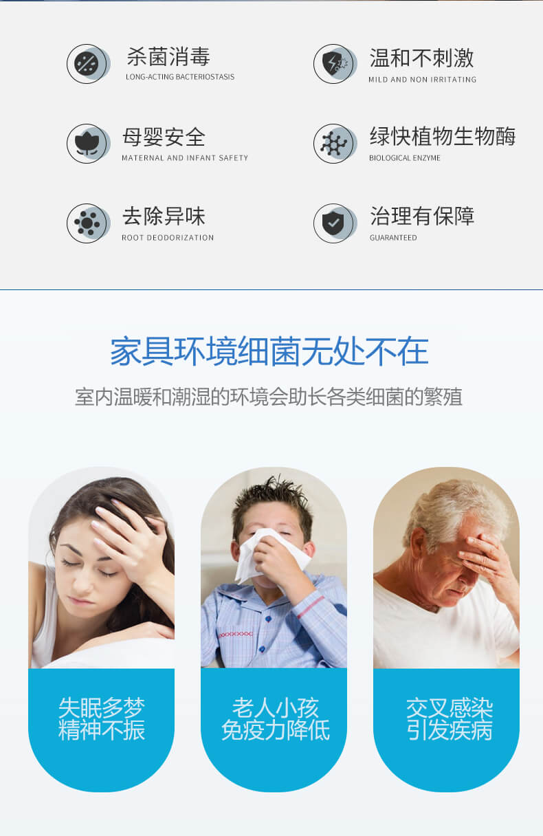 殺菌消毒，溫和不刺激，母嬰安全，綠快植物生物酶，祛除異味，治理有保障，家具環(huán)境細菌無處不在，室內(nèi)溫暖和潮濕的環(huán)境會助長各類細菌的繁殖，失眠多夢，精神不振，老人小孩免疫力降低，交叉感染，引發(fā)疾病