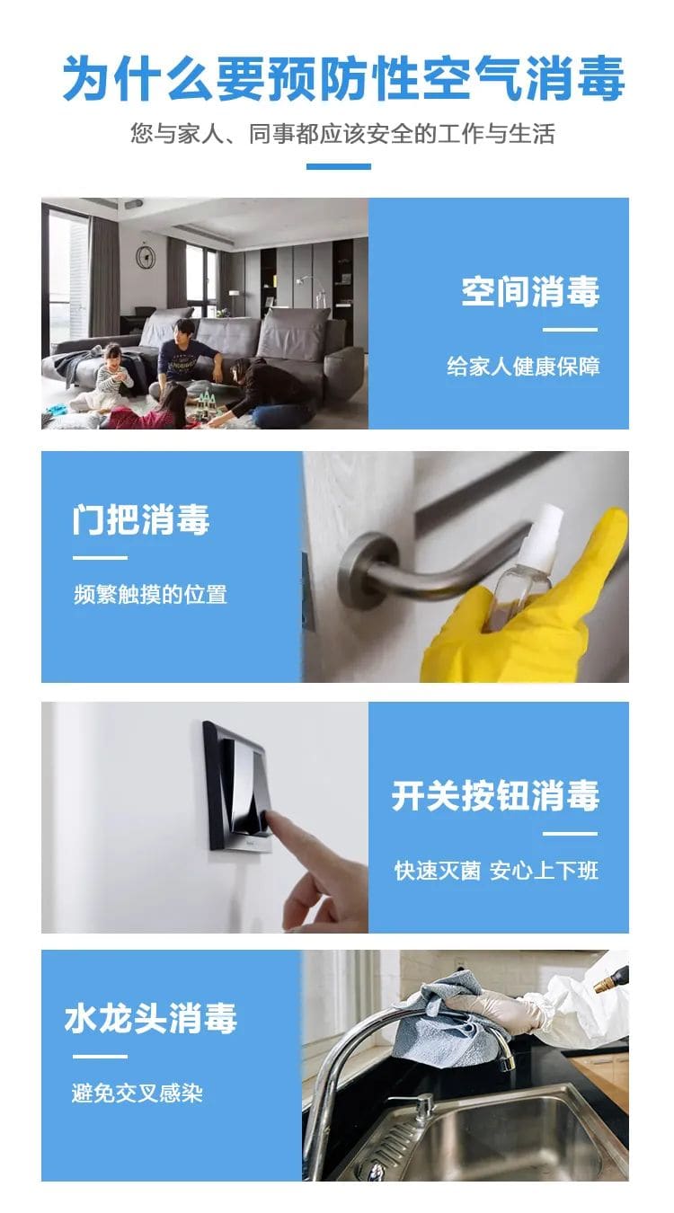 為什么要預(yù)防性空氣消毒,您與家人、同事都應(yīng)該安全的工作與生活,空間消毒,給家人健康保障,門把消毒,頻繁觸摸的位置,開關(guān)按鈕消毒,快速滅菌,安心上下班,水龍頭消毒,避免交叉感染